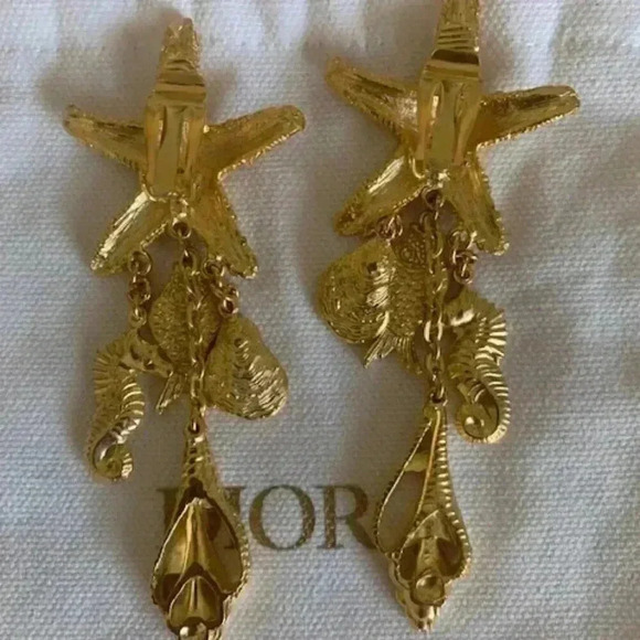 Sculptural OCEAN Fantasy STARFISH CHARMS Massive 4” Long Drop Dangle Earrings Se - Picture 3 of 4